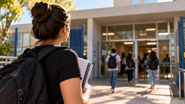 Estudante com mochila e cadernos em frente a uma escola, representando a chegada dos candidatos ao local de prova do Enem