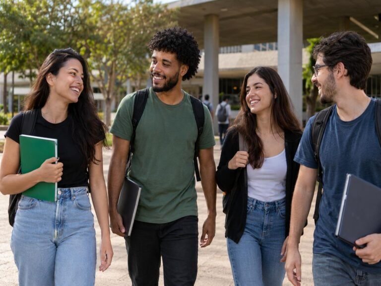 Grupo de quatro jovens adultos caminhando e conversando em um campus universitário, em imagem ilustrativa sobre o concurso público da UFMS 2026.