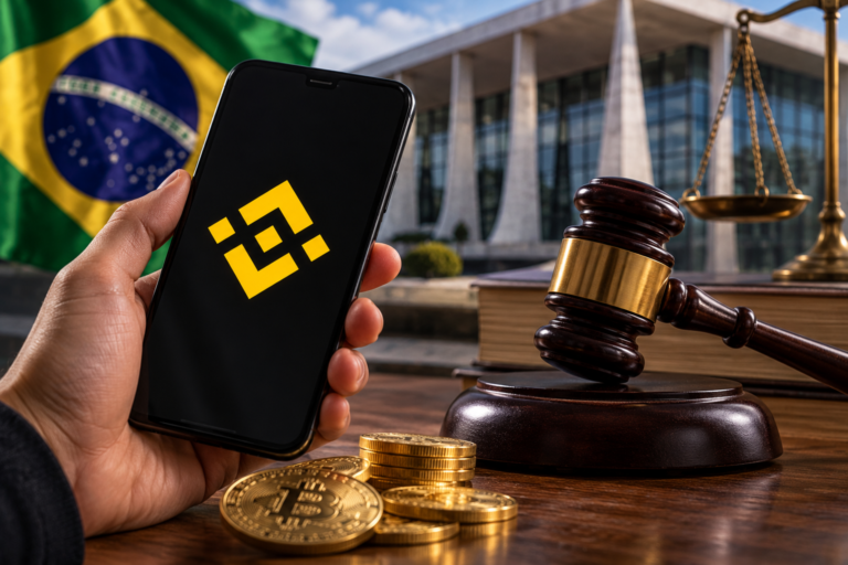 Caso Binance: celular com símbolo da corretora de criptomoedas ao lado de moedas digitais e um martelo de juiz, representando questões judiciais no Brasil