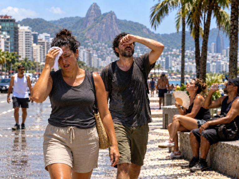 El Niño 2026: pessoas enfrentam onda de calor extremo no Brasil, buscando aliviar as altas temperaturas com água, ventiladores e toalhas