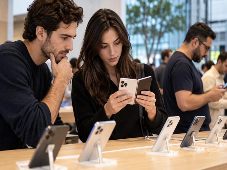 Consumidores observam um smartphone dobrável em loja de tecnologia após forte demanda na produção do iPhone Duo da Apple