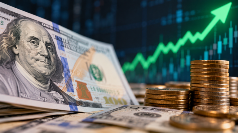 Alta do dólar: o que pode ficar mais caro para os brasileiros? Cédulas de dólar americano e pilhas de moedas com gráfico em tendência de crescimento, representando a alta do dólar no mercado financeiro