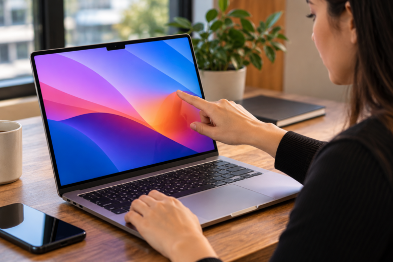 MacBook com tela touchscreen: imagem ilustrativa de uma mulher utilizando a tela sensível ao toque de um notebook prateado, em um ambiente de trabalho moderno