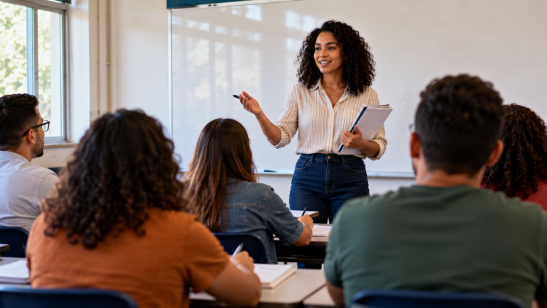 Professora ministrando aula para estudantes adultos em uma sala de aula, ilustrando a seleção Seduc Pará 2026 para profissionais da educação