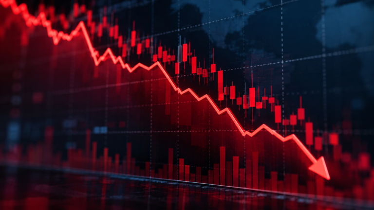 Gráfico financeiro com linha vermelha descendente e seta para baixo, representando a queda do Ibovespa e a desvalorização das ações na bolsa de valores