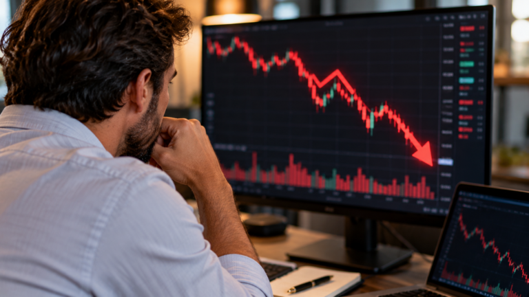 Ibovespa em queda: o que fazer com seus investimentos? Investidor analisa gráficos financeiros em vermelho na tela do computador, representando o Ibovespa em queda e a desvalorização das ações