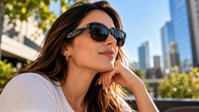 Mulher usando óculos de sol pretos com hastes largas, ilustrando o design e as funcionalidades dos JBL Soundgear Frames