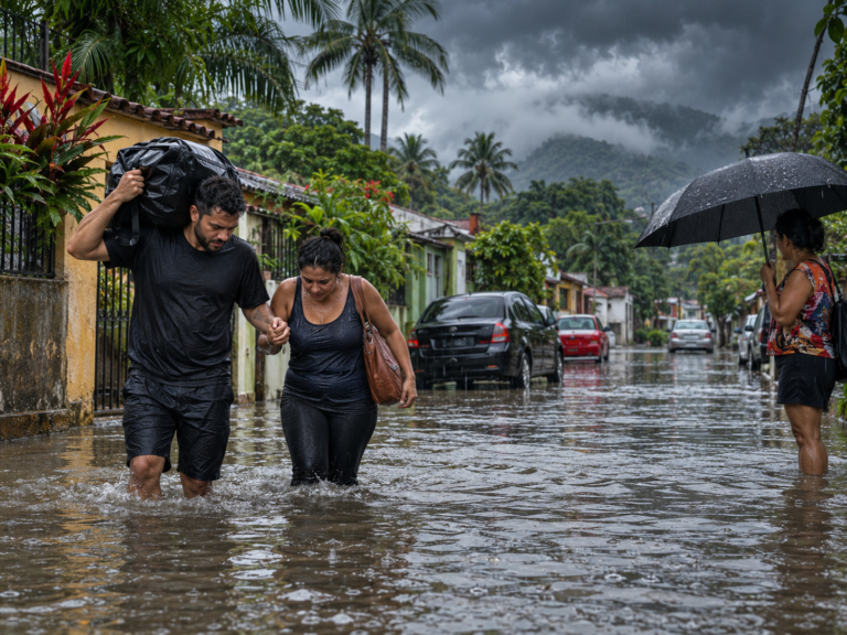 O que é Super El Niño: pessoas atravessam uma rua alagada durante fortes chuvas, ilustrando os impactos climáticos associados ao fenômeno no Brasil