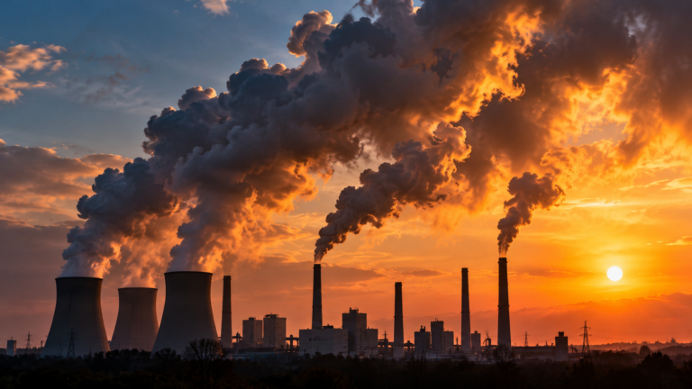 Gases de efeito estufa: entenda por que o novo recorde preocupa a ONU Gases de efeito estufa representados por emissões industriais de chaminés sob um céu alaranjado, simbolizando o avanço do aquecimento global